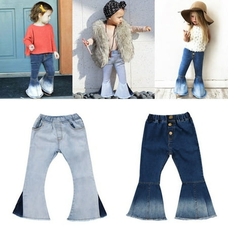 Waterluo Cute Cool Toddler Kids Baby Girls Bell-Bottoms Pants Denim Wide Leg Jeans Trousers 2-7Y